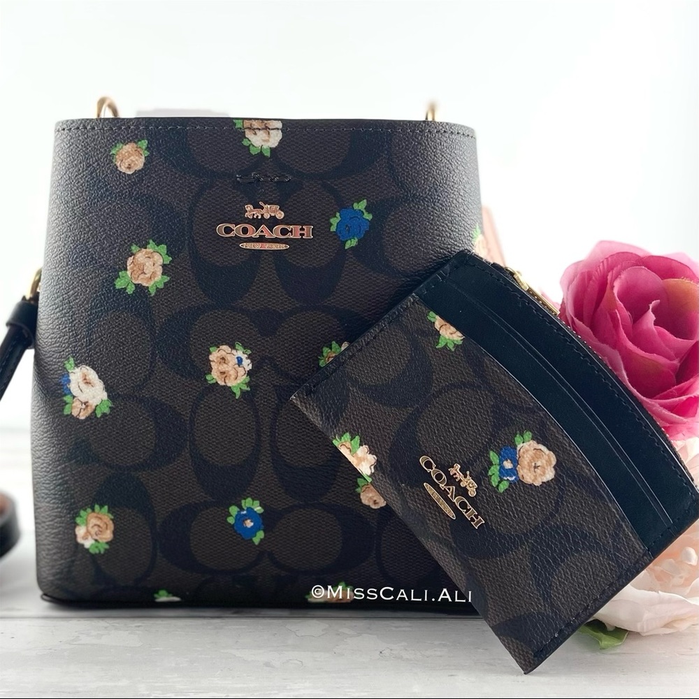 NWT COACH Mini Town Bucket Bag Signature Canvas Vintage Rose & Card Case Set
